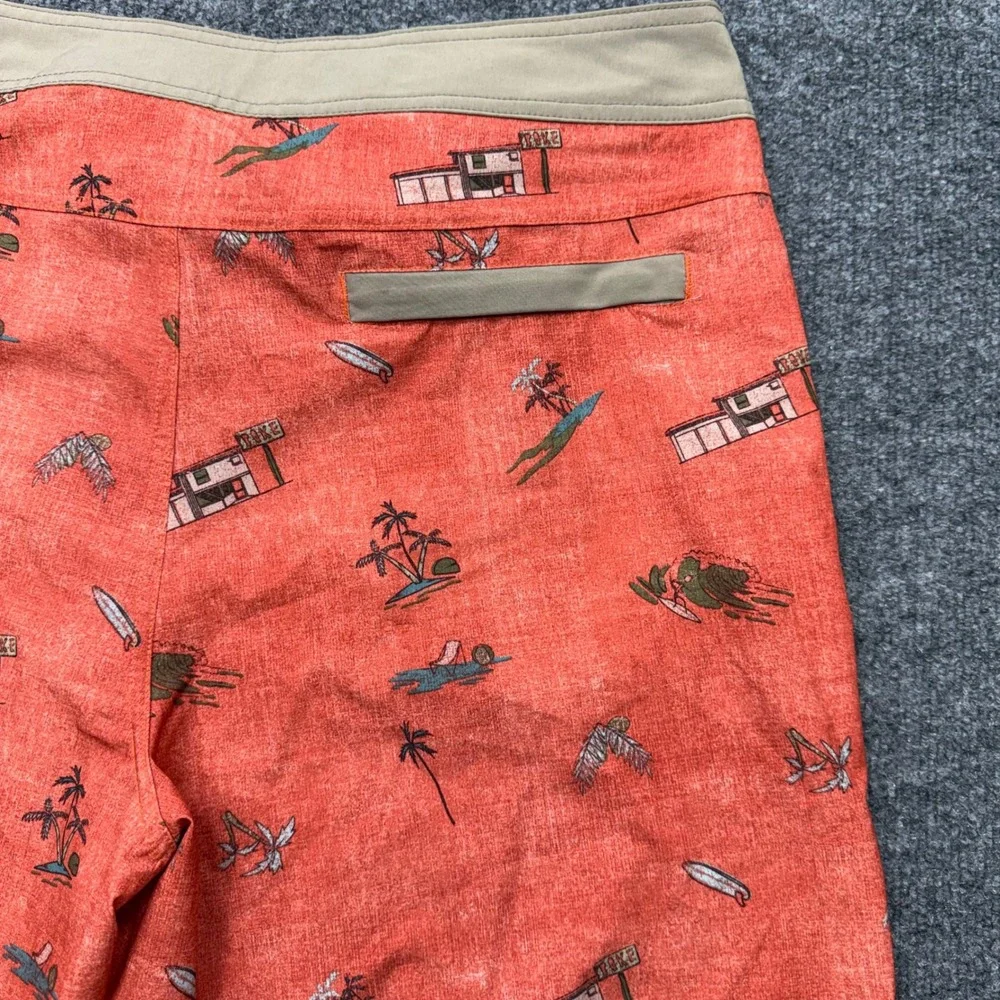 Prana Mens Burnt Orange Tiki Surf Print Board Shorts UPF 50+ Size 34 Retro Swim